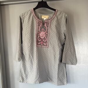 Parshwa Art Gray Rhinestones Embroidered Women's Pullover Top 3/4 Sleeves sz XL